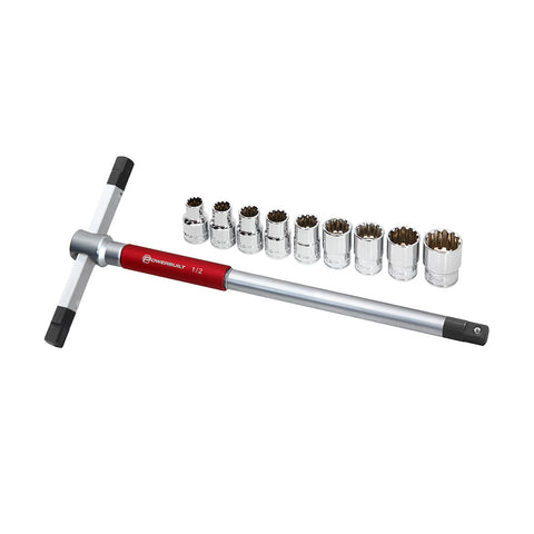 1/2" Dr 10pc Spline Socket Set with 3-Way T-Handle Driver