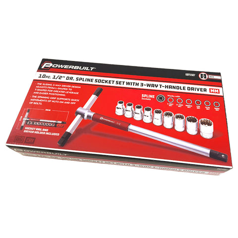 1/2" Dr 10pc Spline Socket Set with 3-Way T-Handle Driver