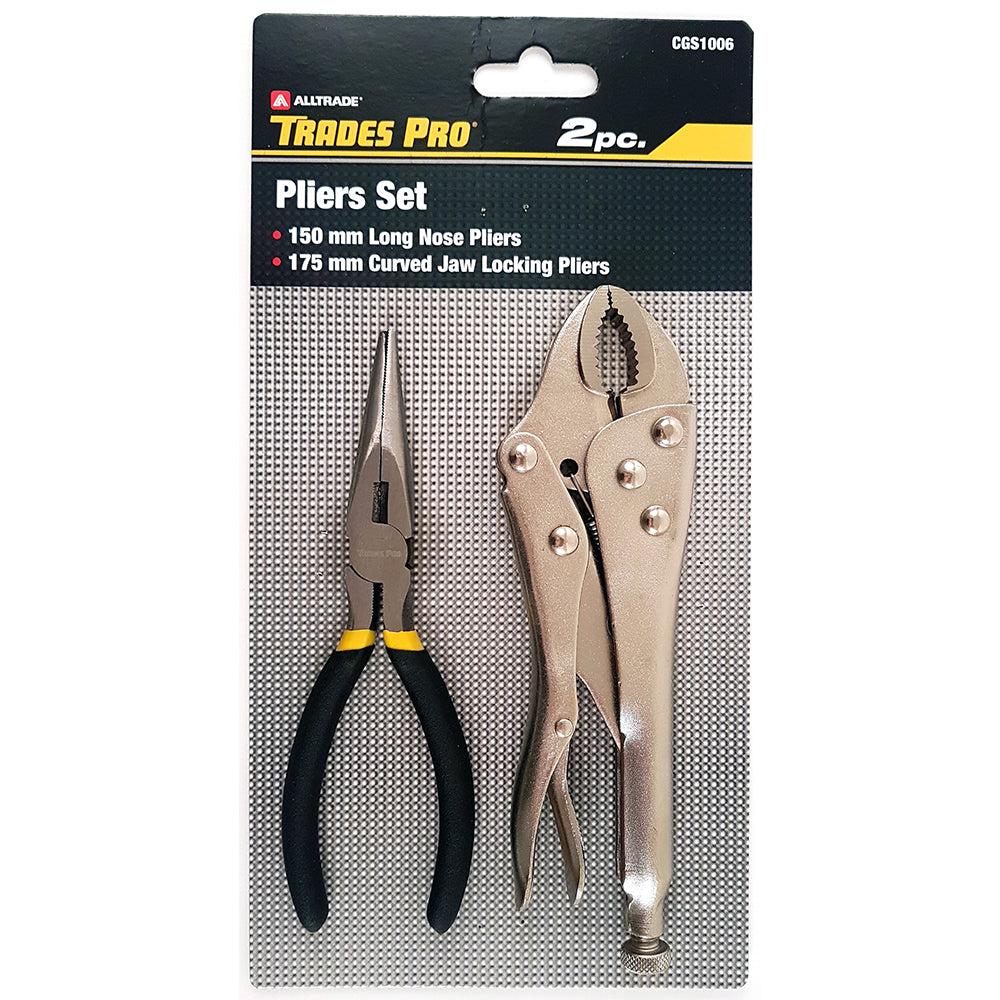 Trades Pro 2pc Pack 150mm/6 Long Nose Plier & 175mm/7 Curved Jaw Locking Plier