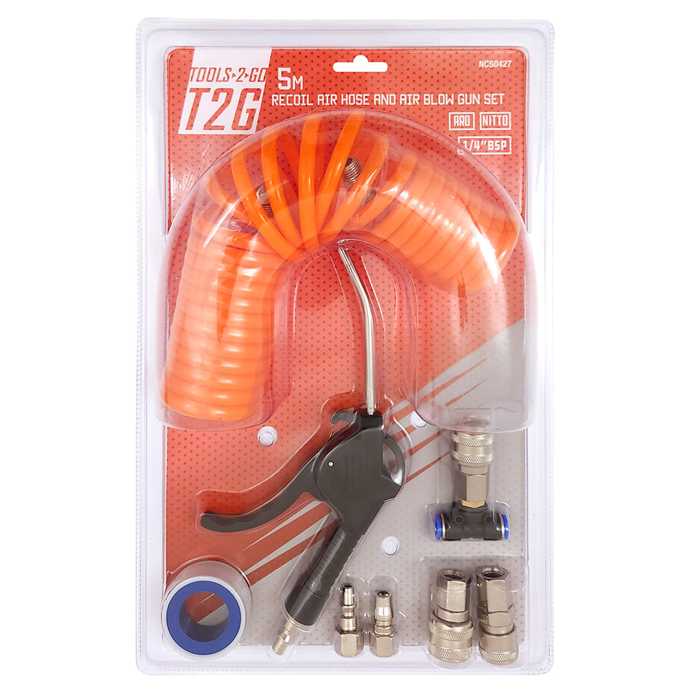 Tools-2-Go 5M Recoil Air Hose And Air Blow Gun Set
