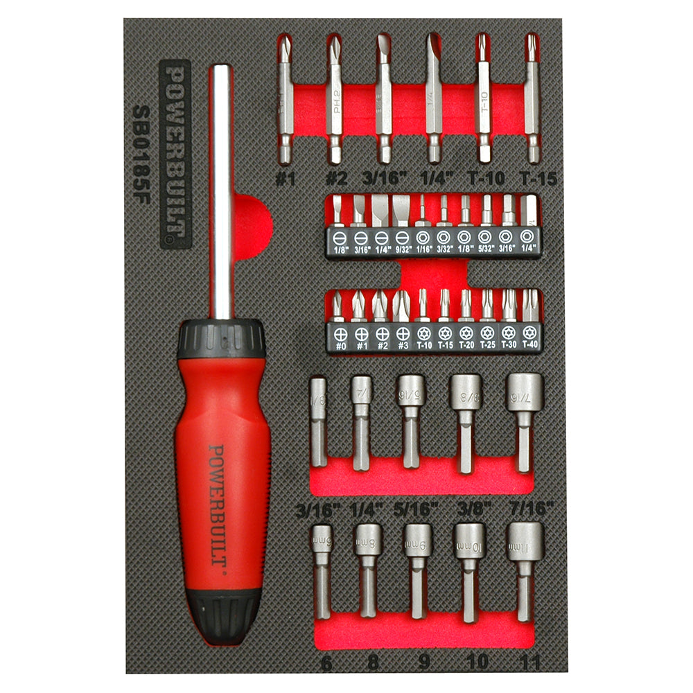 Powerbuilt 38pc Gearless Ratchet Driver and Bits Tray